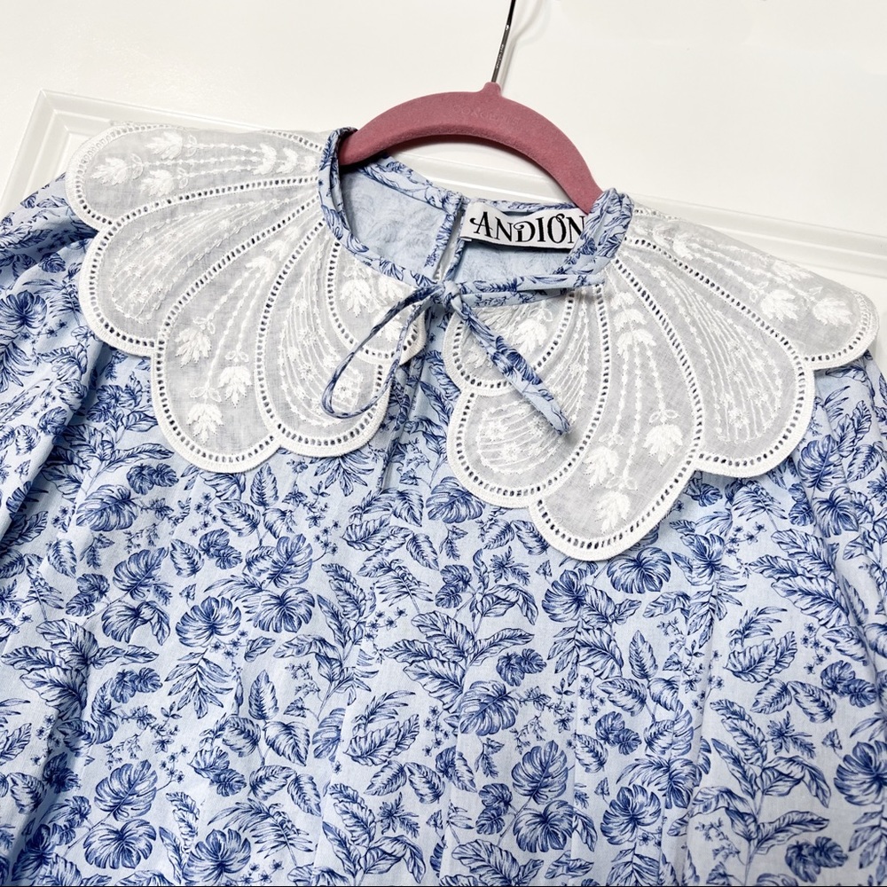 Andion Fiona blue paisley ditsy floral print embroidered collar blouse S - Picture 2 of 10